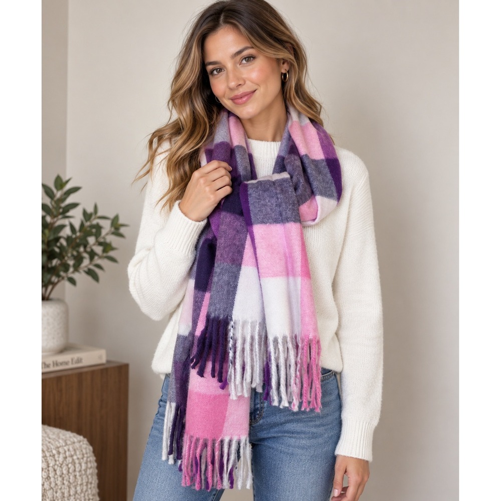 NWT House of Tweed Tartan Check Scarf Womens OS Pink Purple Plaid Fringe Wrap